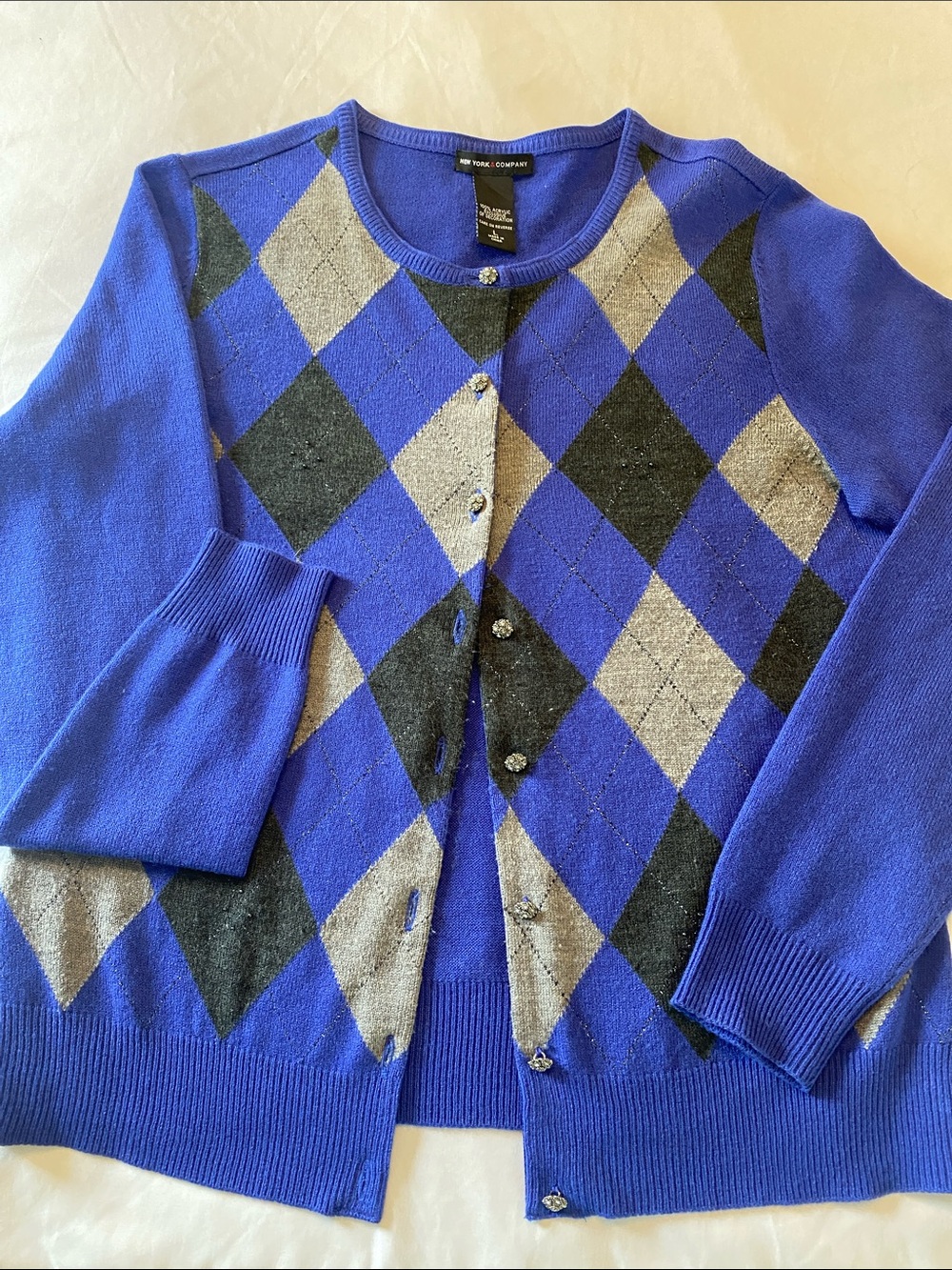 New York & Company Royal Blue, Gray and Charcoal Argyle Button-Front Cardigan